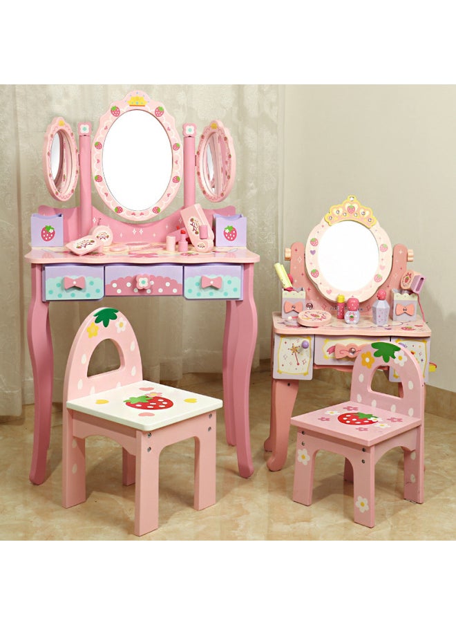 Children's Wooden Dresser Toy Girl's Birthday Playhouse Gift Large Dressing Table Role Play-Color:Three-way Mirror Dressing Table + Chair  - Image 2