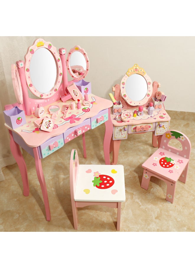 Children's Wooden Dresser Toy Girl's Birthday Playhouse Gift Large Dressing Table Role Play-Color:Three-way Mirror Dressing Table + Chair  - Image 3