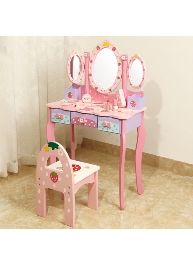Children's Wooden Dresser Toy Girl's Birthday Playhouse Gift Large Dressing Table Role Play-Color:Three-way Mirror Dressing Table + Chair  - Image 4