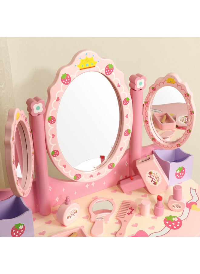 Children's Wooden Dresser Toy Girl's Birthday Playhouse Gift Large Dressing Table Role Play-Color:Three-way Mirror Dressing Table + Chair  - Image 5