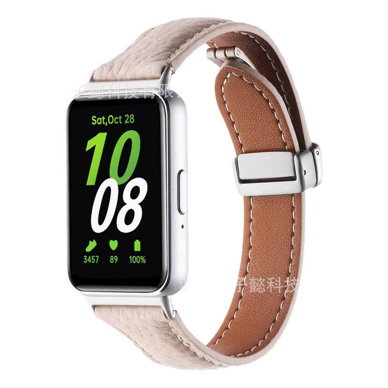 Adjustable Leather Beige Classic Strap Smartwatch Band Compatible with Samsung Galaxy Watch with Fit Replacement Strap - Image 1