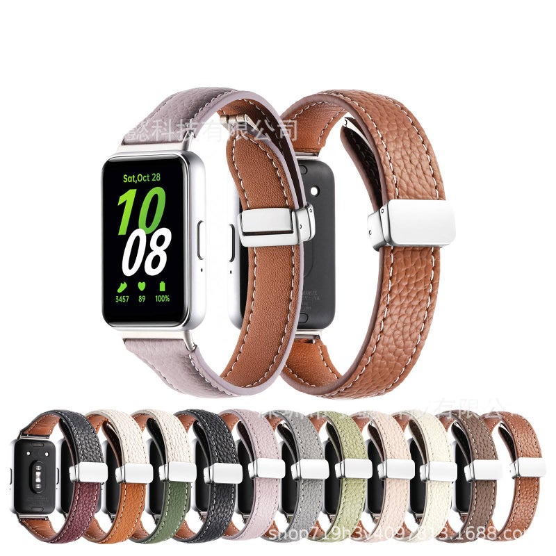 Adjustable Leather Beige Classic Strap Smartwatch Band Compatible with Samsung Galaxy Watch with Fit Replacement Strap - Image 2