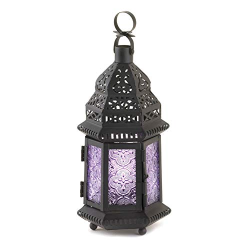 FDW Zingz  Thingz Moroccan Style Candle Lantern Holder Decorative Light Home Decor Indoor  Outdoor 1025 Tall Black with Purple Glass
