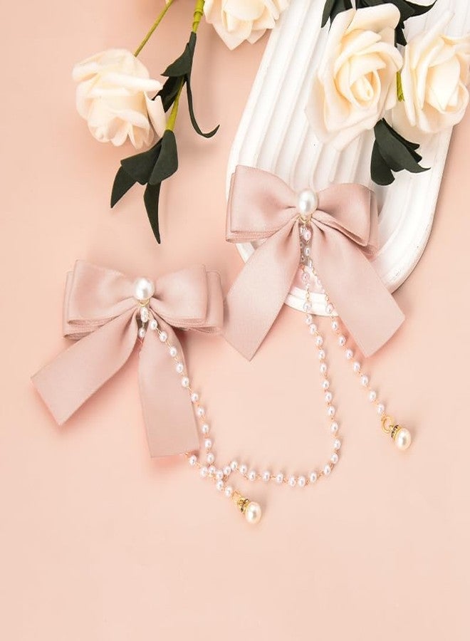 Cerun 1 pcs luxury Pink Hair Bow Accessories for Girls Women Pink Hair Bow with Pearls Tassel Ribbon Bow Hair Clips Bow Decor Hair Clip Satin Bowknot Hair Clips Head Clips for Women's Hair Clip - Image 4