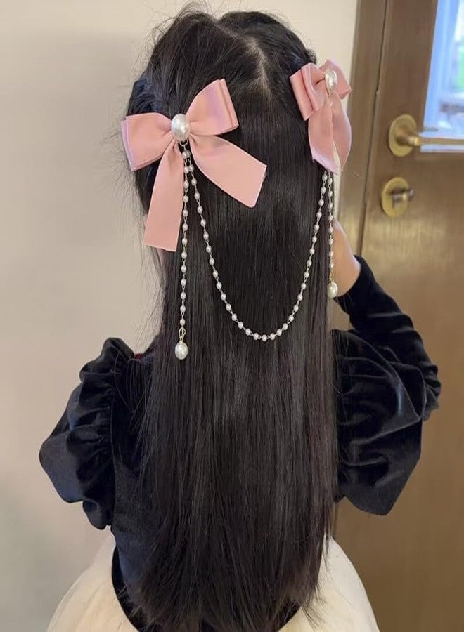 Cerun 1 pcs luxury Pink Hair Bow Accessories for Girls Women Pink Hair Bow with Pearls Tassel Ribbon Bow Hair Clips Bow Decor Hair Clip Satin Bowknot Hair Clips Head Clips for Women's Hair Clip - Image 1