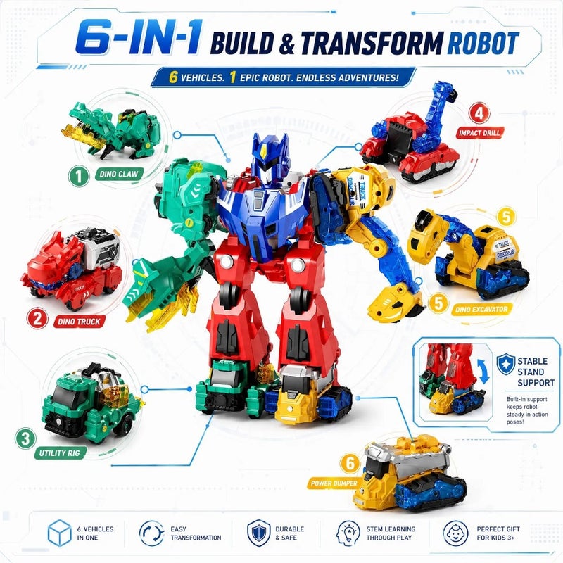 Magnetic Dinosaur Transforming Robot Toys for Boys Girls Age 3 4 5 6 7 8, 6-in-1 Dino Construction Trucks for,Magnetic Car Toys, STEM Educational Building Toys Birthday Gift - Image 5