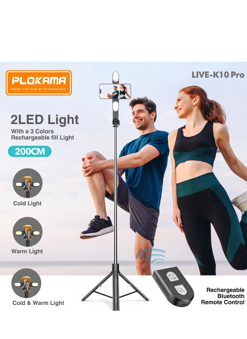 عصا سيلفي 3 في 1 K10 Pro مع ترايبود وقاعدة قابلة للتمديد حتى 200 سم، مزودة بإضاءة LED مزدوجة، رأس دوّار 360 درجة، وريموت لاسلكي قابل لإعادة الشحن – متوافقة مع هواتف iPhone 15/14/13 Pro وهواتف أندرويد