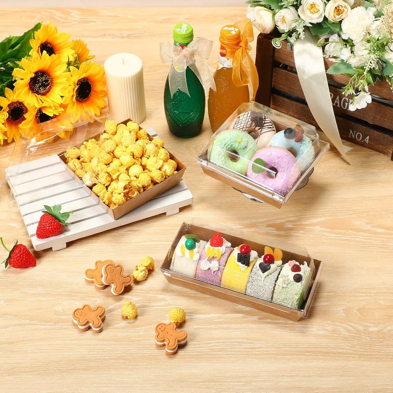 Zopeal 100 Pack 2 Size Paper Charcuterie Box with Clear Safety Lid 5 Brown Square Disposable Food Container Bakery Bread Box 75 Long Brown Baking Box for Sandwich Cake Cookies Pastry Dessert Salad Display - Image 4