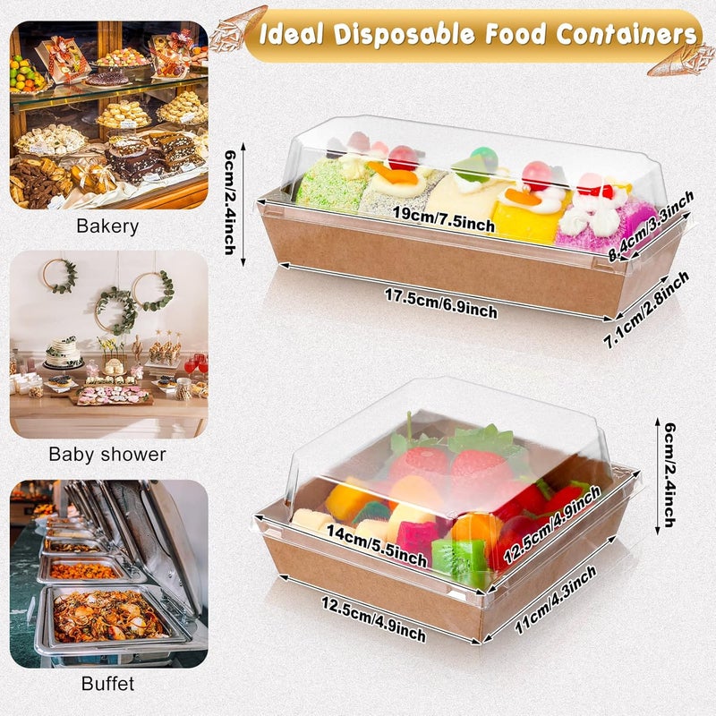 Zopeal 100 Pack 2 Size Paper Charcuterie Box with Clear Safety Lid 5 Brown Square Disposable Food Container Bakery Bread Box 75 Long Brown Baking Box for Sandwich Cake Cookies Pastry Dessert Salad Display - Image 2
