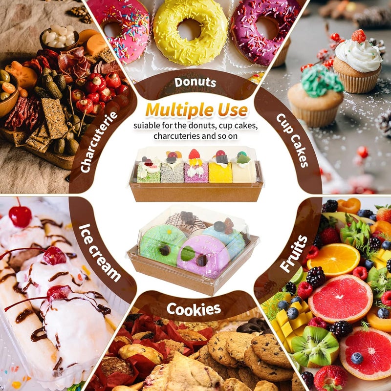 Zopeal 100 Pack 2 Size Paper Charcuterie Box with Clear Safety Lid 5 Brown Square Disposable Food Container Bakery Bread Box 75 Long Brown Baking Box for Sandwich Cake Cookies Pastry Dessert Salad Display - Image 5