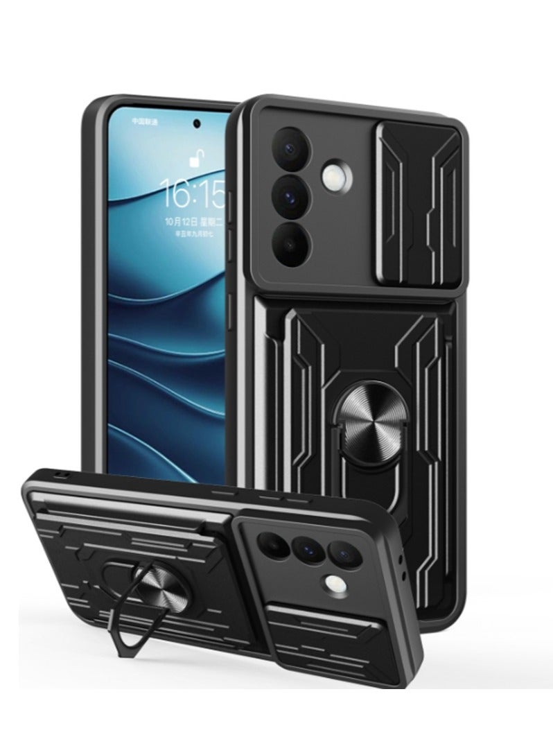 for Samsung Galaxy A36 5G Case, Card Holder & Slide Camera Lens Cover, Magnetic Ring Holder Kickstand Protective Phone Case for Samsung Galaxy A36 5G, Black  - Image 1