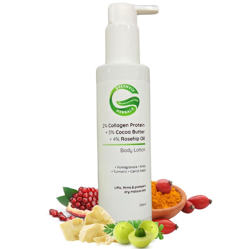 Greenviv 2% Collagen Protein + 5% Cocoa Butter + 4% Rosehip Oil Firming & Restoring Body Lotion | Lifts, Firms & Pampers Dry, Mature Skin | 200ml - Image 1