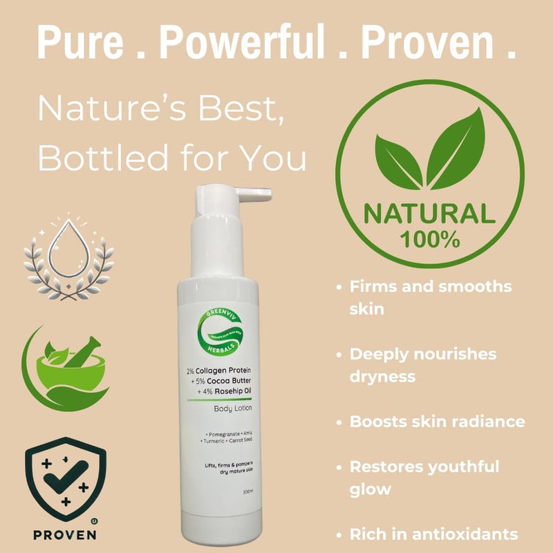 Greenviv 2% Collagen Protein + 5% Cocoa Butter + 4% Rosehip Oil Firming & Restoring Body Lotion | Lifts, Firms & Pampers Dry, Mature Skin | 200ml - Image 2