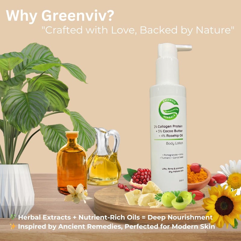 Greenviv 2% Collagen Protein + 5% Cocoa Butter + 4% Rosehip Oil Firming & Restoring Body Lotion | Lifts, Firms & Pampers Dry, Mature Skin | 200ml - Image 4