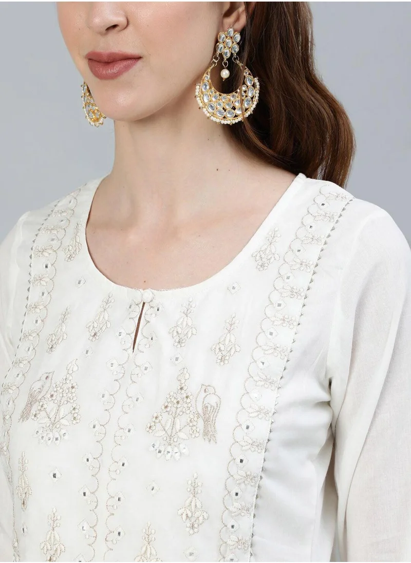 ISHIN Regular Fit Embroidered Pattern Round Neck Neck Three-Quarter Sleeve Off White Colour Knitted Cotton Kurta Set for Women with Mid-Rise Closure - Crafted for Elegance and Ease