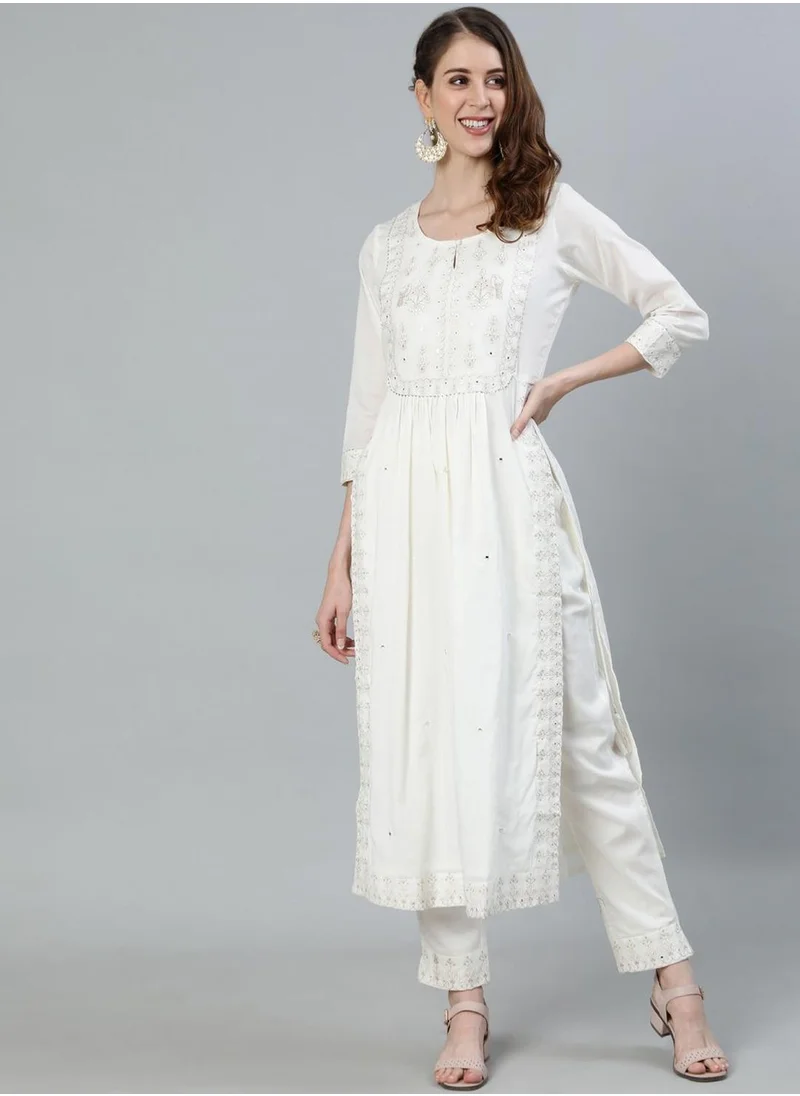 ISHIN Regular Fit Embroidered Pattern Round Neck Neck Three-Quarter Sleeve Off White Colour Knitted Cotton Kurta Set for Women with Mid-Rise Closure - Crafted for Elegance and Ease