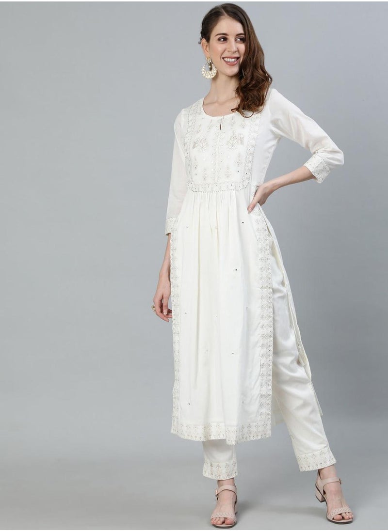 ISHIN Regular Fit Embroidered Pattern Round Neck Neck Three-Quarter Sleeve Off White Colour Knitted Cotton Kurta Set for Women with Mid-Rise Closure - Crafted for Elegance and Ease  - Image 1