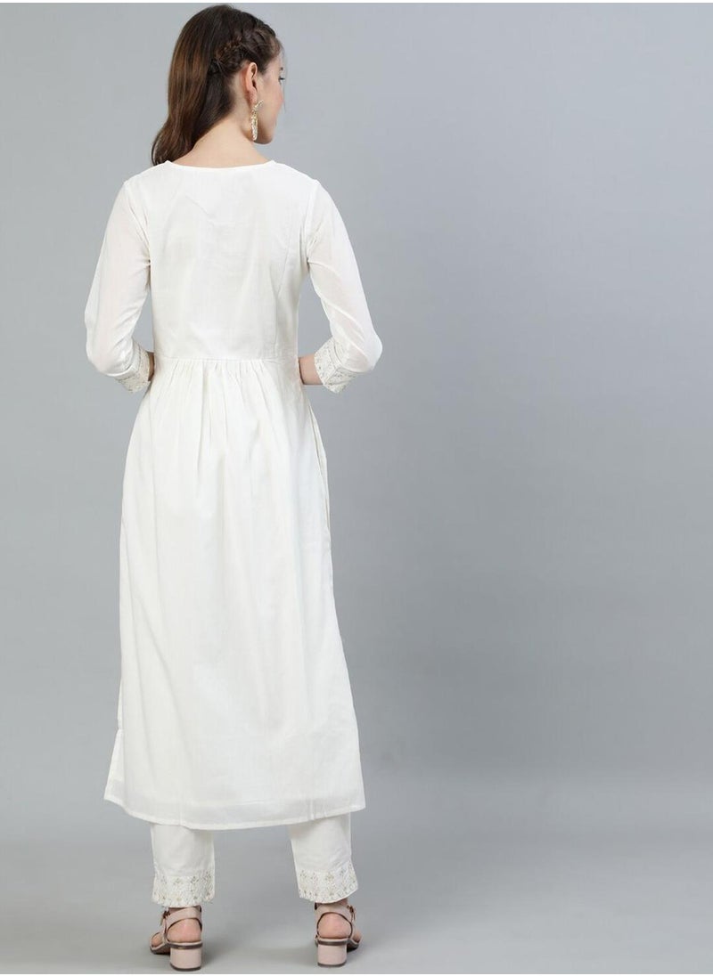 ISHIN Regular Fit Embroidered Pattern Round Neck Neck Three-Quarter Sleeve Off White Colour Knitted Cotton Kurta Set for Women with Mid-Rise Closure - Crafted for Elegance and Ease  - Image 5
