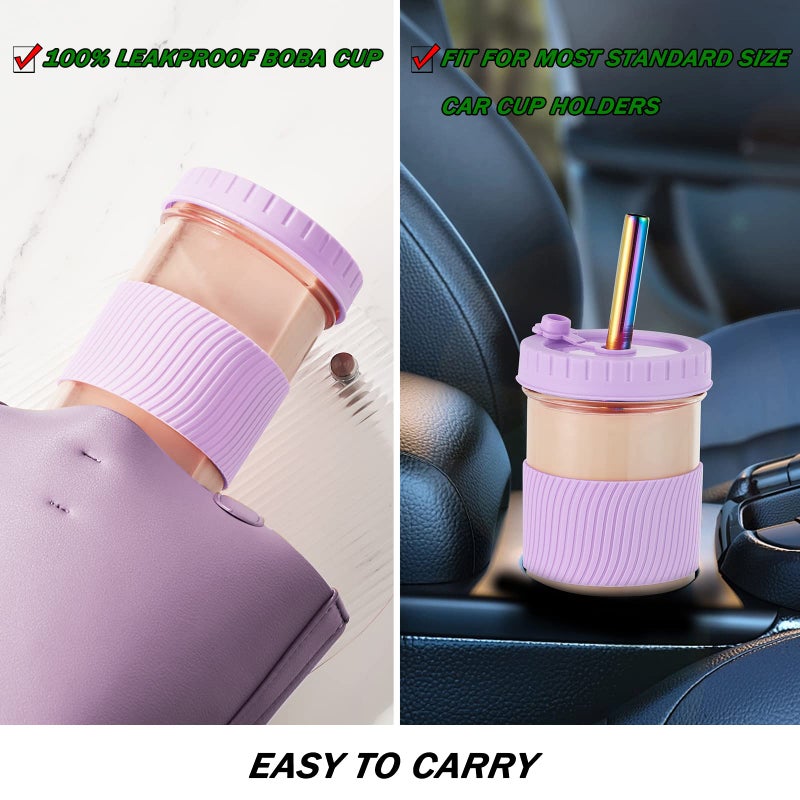Amyoole 2 Pack Reusable Boba Cup 24Oz Wide Mouth Smoothie Cup mason Jar Glass Cups with Lids and Straws Bubble/Boba Tea Cups Ice Coffee Tumbler 2 colored straws 1 sponge brush(Purple) - Image 5