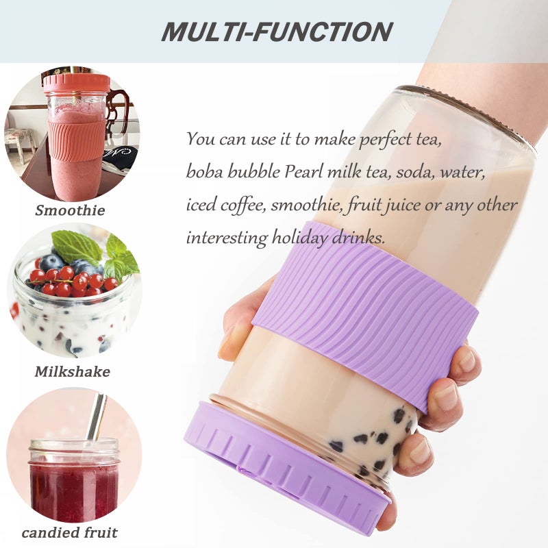 Amyoole 2 Pack Reusable Boba Cup 24Oz Wide Mouth Smoothie Cup mason Jar Glass Cups with Lids and Straws Bubble/Boba Tea Cups Ice Coffee Tumbler 2 colored straws 1 sponge brush(Purple) - Image 3