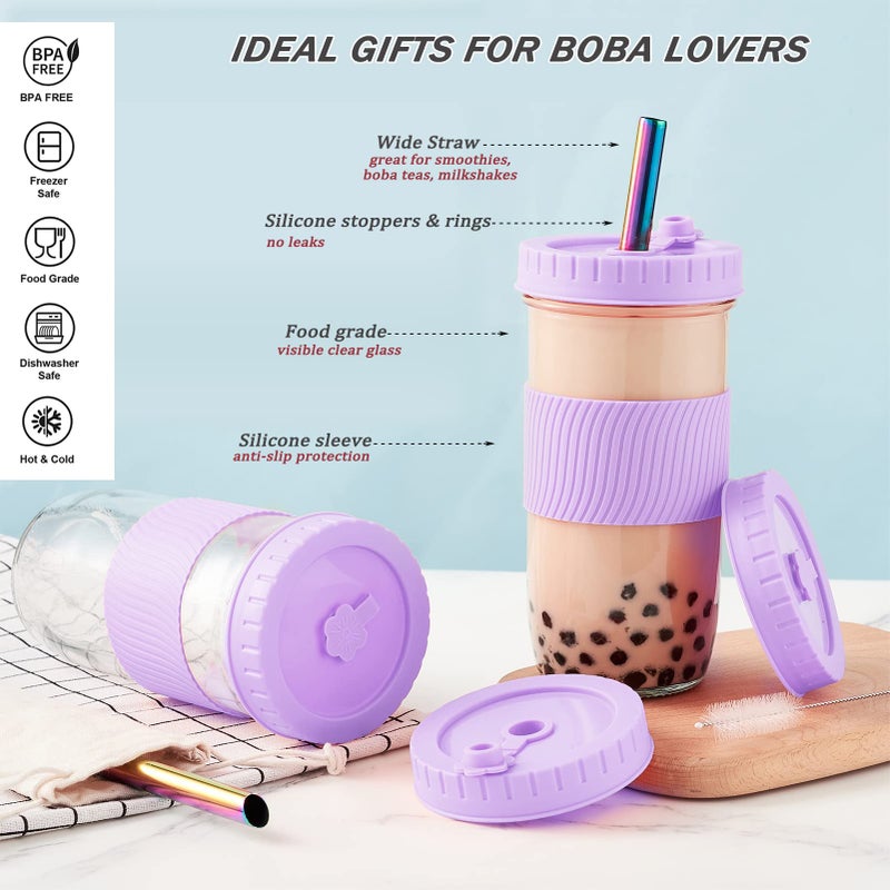 Amyoole 2 Pack Reusable Boba Cup 24Oz Wide Mouth Smoothie Cup mason Jar Glass Cups with Lids and Straws Bubble/Boba Tea Cups Ice Coffee Tumbler 2 colored straws 1 sponge brush(Purple) - Image 4