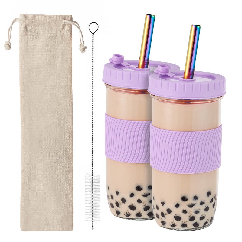 Amyoole 2 Pack Reusable Boba Cup 24Oz Wide Mouth Smoothie Cup mason Jar Glass Cups with Lids and Straws Bubble/Boba Tea Cups Ice Coffee Tumbler 2 colored straws 1 sponge brush(Purple) - Image 1