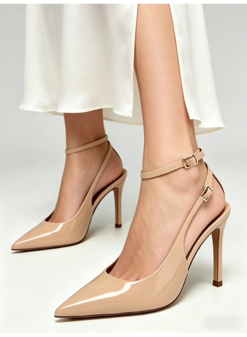 زارا ZARA Patent Nude Ankle-Strap Pointed-Toe High Heel Pumps, Style  Women's Formal & Everyday Dress Shoes - Image 1