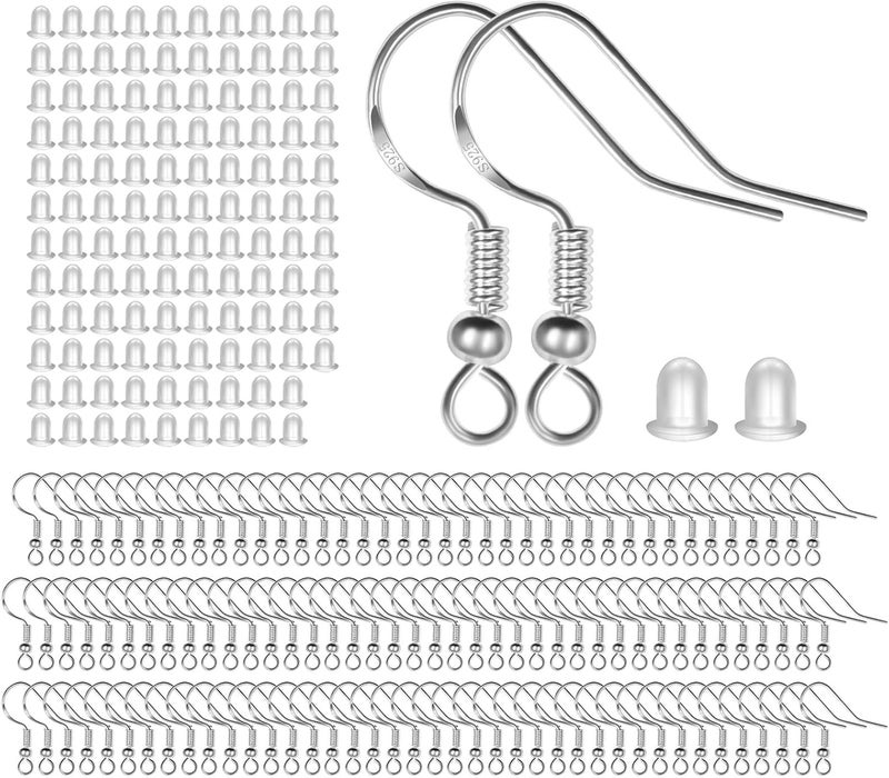 MENKEY 925 Sterling Silver Earring Hooks 120 PCS/60 Pairs, Ear Wires Fish Hooks, Hypo-allergenic Jewelry Findings Parts with 120 PCS Clear Silicone Earring Backs - Image 1
