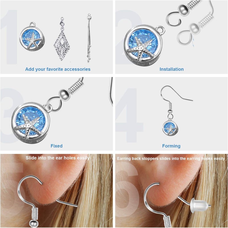 MENKEY 925 Sterling Silver Earring Hooks 120 PCS/60 Pairs, Ear Wires Fish Hooks, Hypo-allergenic Jewelry Findings Parts with 120 PCS Clear Silicone Earring Backs - Image 4