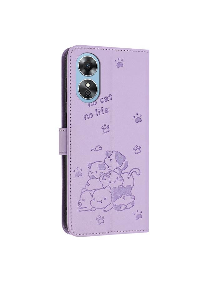 S-TOP Case For OPPO A78 4G Embossed Kitten Phone Leather Case with Lanyard - Image 3