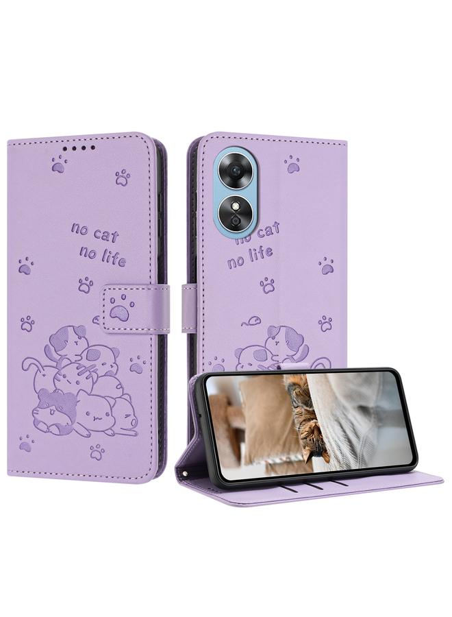 S-TOP Case For OPPO A78 4G Embossed Kitten Phone Leather Case with Lanyard - Image 1