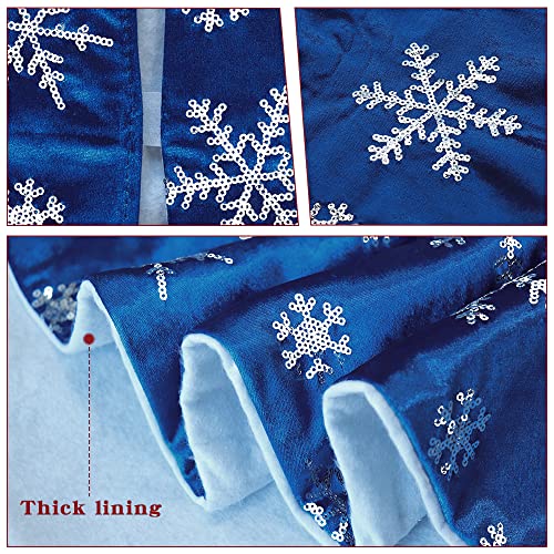 Bunny Chorus Christmas Tree Skirt, 36 inches Blue Mercerized Velvet Skirt with Silver Sequin Snowflake for Rustic Xmas Tree Holiday Decorations - Image 4