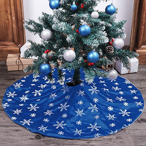 Bunny Chorus Christmas Tree Skirt, 36 inches Blue Mercerized Velvet Skirt with Silver Sequin Snowflake for Rustic Xmas Tree Holiday Decorations - Image 5