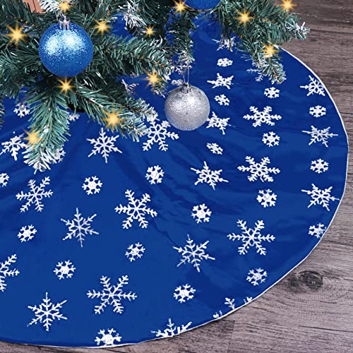 Bunny Chorus Christmas Tree Skirt, 36 inches Blue Mercerized Velvet Skirt with Silver Sequin Snowflake for Rustic Xmas Tree Holiday Decorations - Image 1