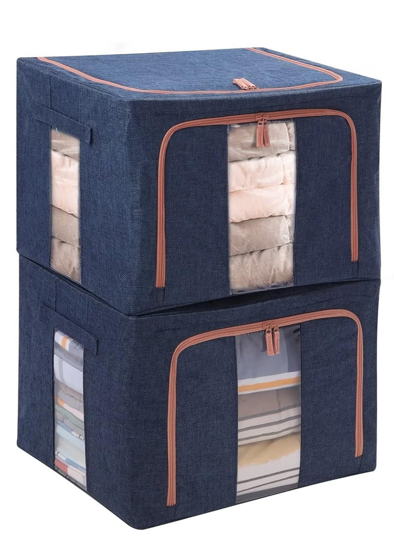 XiuWoo - 2 Pack Foldable Stackable Large Capacity Clothes Storage, Drawer Storage Organizer, Closet Organizer Basket, Cloth Container Bins with Metal Frame, Clear Window - Image 1
