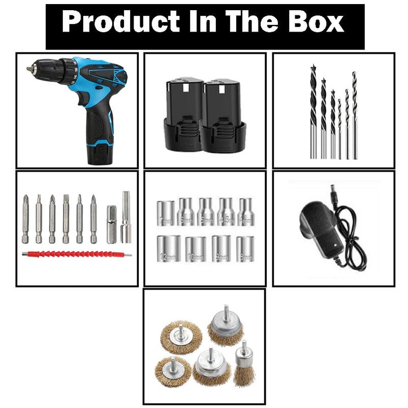 Galaxe 12V Rechargeable Cordless Impact Drill Multifunction Hand Drill Two Speed Electric Screwdriver Set with 5pcs Steel Wire Brush Set GLX12V5WB18 33pcs tool kit - Image 2
