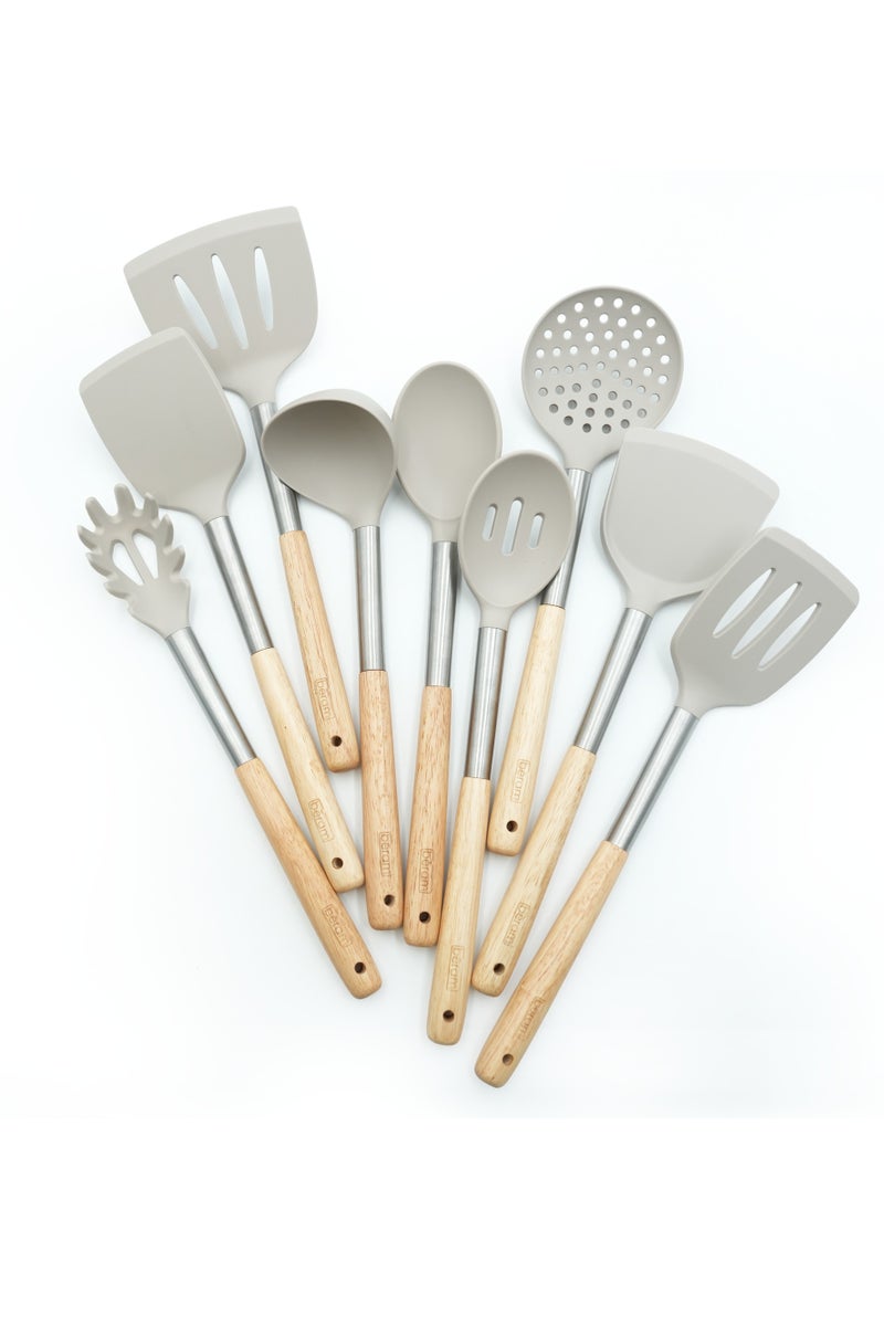 Beram 9Pcs Silicone Kitchen Utensil Set  Heat-Resistant Cooking Tools with Stainless Steel & Wooden Handles  BPA-Free, Non-Stick Safe for cooking baking & more.(BEIJE) (Set of 9) - Image 1