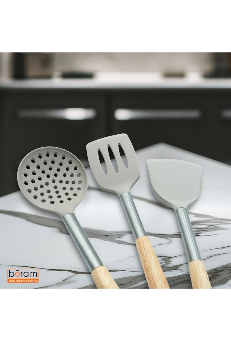 Beram 9Pcs Silicone Kitchen Utensil Set  Heat-Resistant Cooking Tools with Stainless Steel & Wooden Handles  BPA-Free, Non-Stick Safe for cooking baking & more.(BEIJE) (Set of 9) - Image 2