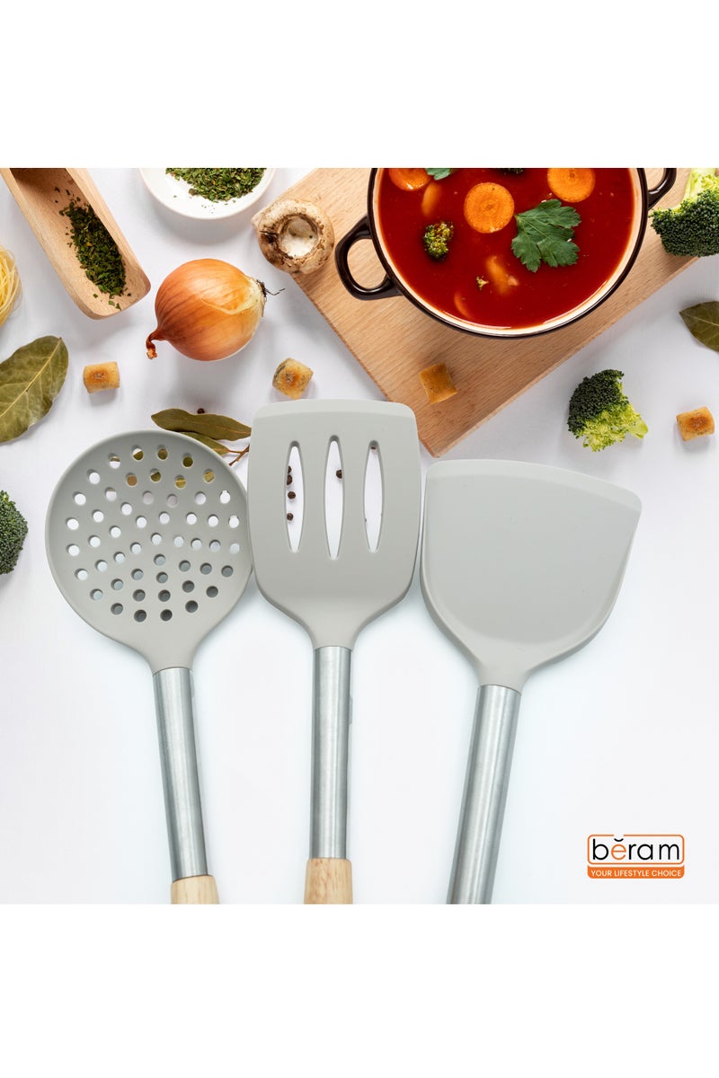 Beram 9Pcs Silicone Kitchen Utensil Set  Heat-Resistant Cooking Tools with Stainless Steel & Wooden Handles  BPA-Free, Non-Stick Safe for cooking baking & more.(BEIJE) (Set of 9) - Image 5