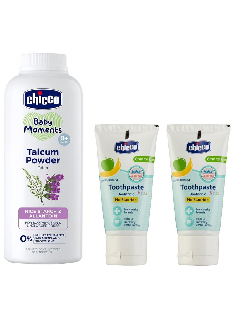 Chicco Baby Moments Talcum Powder (300g) Natural Ingredients and Toothpaste for Kids (50g x 2) Apple-Banana Flavor, Fluoride-Free - Image 1