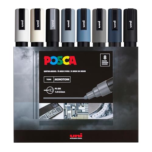 Posca Markers Set, 8 Medium Paint Markers 5M – Mono Tones – White, Ivory, Silver, Grey, Navy Blue, Black - Image 1