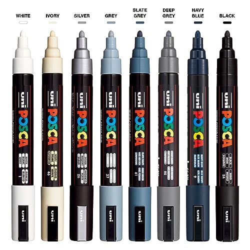 Posca Markers Set, 8 Medium Paint Markers 5M – Mono Tones – White, Ivory, Silver, Grey, Navy Blue, Black - Image 2