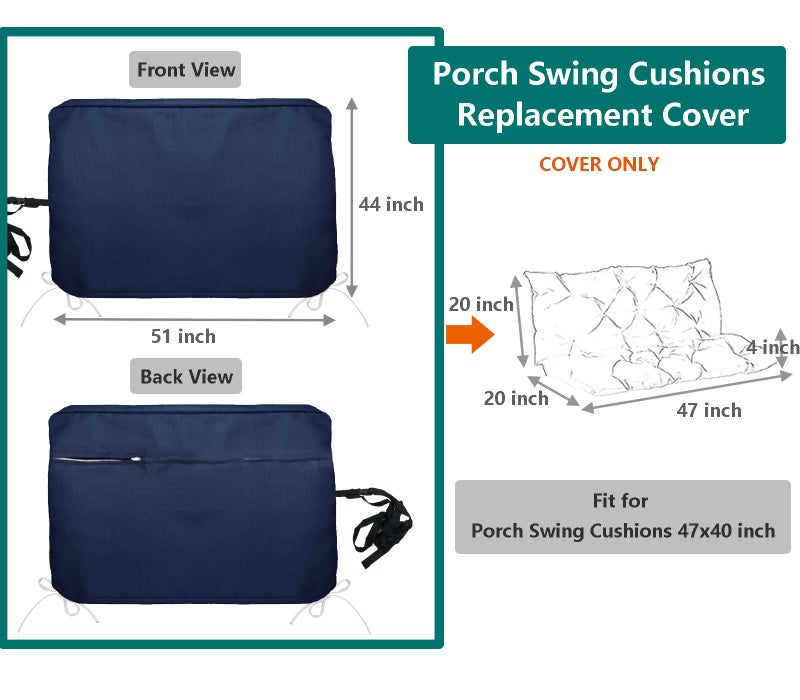 Oslimea Swing Cushion Cover Replacement 47 x 40 Outdoor Porch Swing Cushions 2-3 Seater Replacement Cover with Ties and Buckle Waterproof for Outdoor Patio Porch Swing Cushions, Blue - Image 2