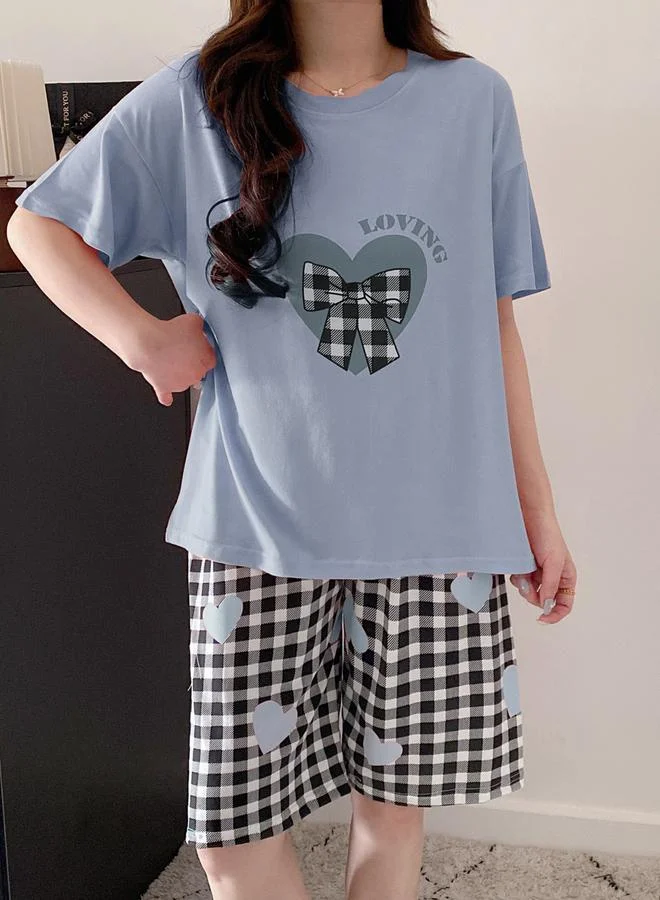 Take Two Light Blue Heart Print Round Neck T-Shirt and Checked Shorts Set for Women | Best Price UAE