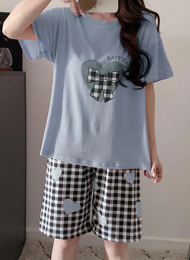 Take Two Light Blue Heart Print Round Neck T-Shirt and Checked Shorts Set for Women | Best Price UAE