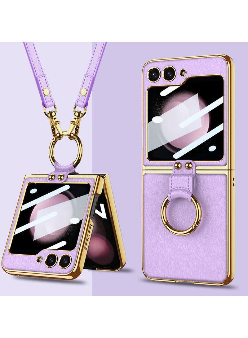 GKK Samsung Galaxy Z Flip 6 Case with Stand Ring & Leather Long Lanyard and Small Screen Protection Cover , Premium Leather and Wireless Charging Support - Purple  - Image 1