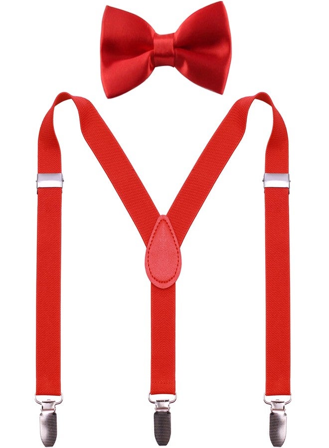 GUCHOL Child Kids Suspenders Bow Tie for Boys and Girls Adjustable Elastic Classic Accessory Sets Age 1 to 13 Year (Red, 33 INCH (6-13 Year)) - Image 1