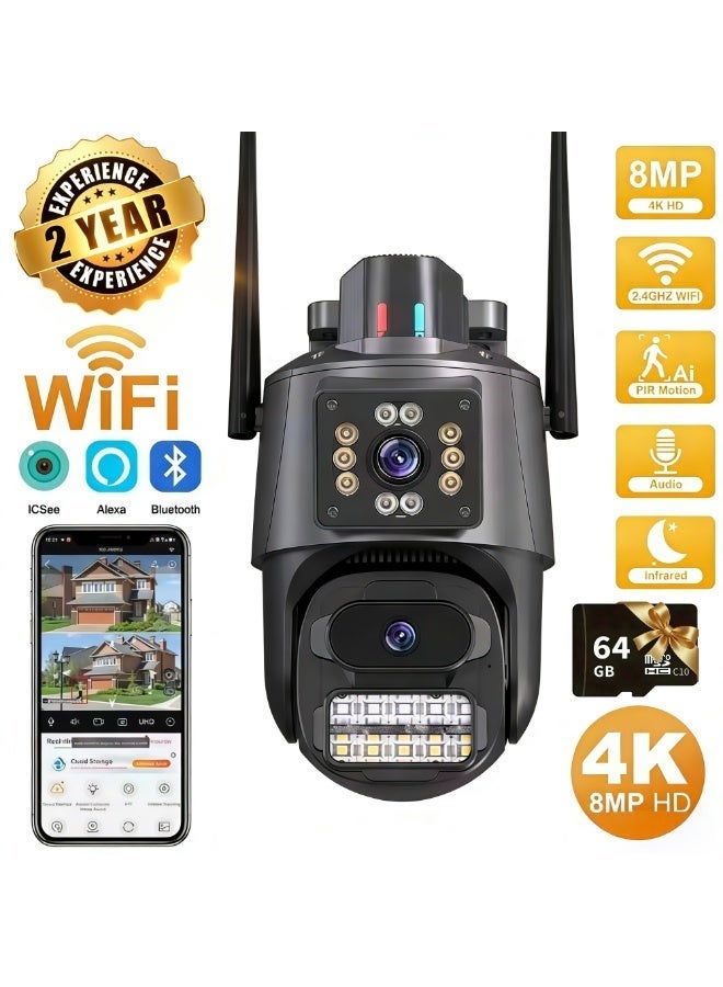 كاميرا IP مراقبة خارجية 4K بدقة 8 ميجابكسل ومعدات تدوير وتحريك (PTZ) - عدستين وشاشتين - تتبع حركة ذاتي - كاميرا مراقبة لاسلكية (مع بطاقة SD بسعة 64 جيجابايت) - Image 1