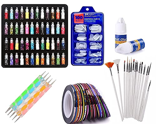 URBANMAC Nail Art Kit - 48 Pcs Glass Bottles Glitter Stones, 100 Nails,10 Nail Tapes, 15 Nail Art brush, 5 Nail Dotting Pen with 2 Glue (Nail Art Kit) - Image 1