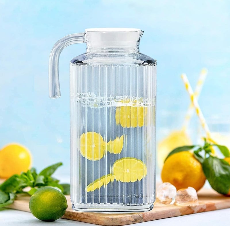 MGE - إبريق ماء زجاجي بغطاء - إبريق زجاجي للثلاجة - زجاجة شاي، عصير فواكه، ليموناضة - زجاجة شفافة - 1.8 لتر - Image 2
